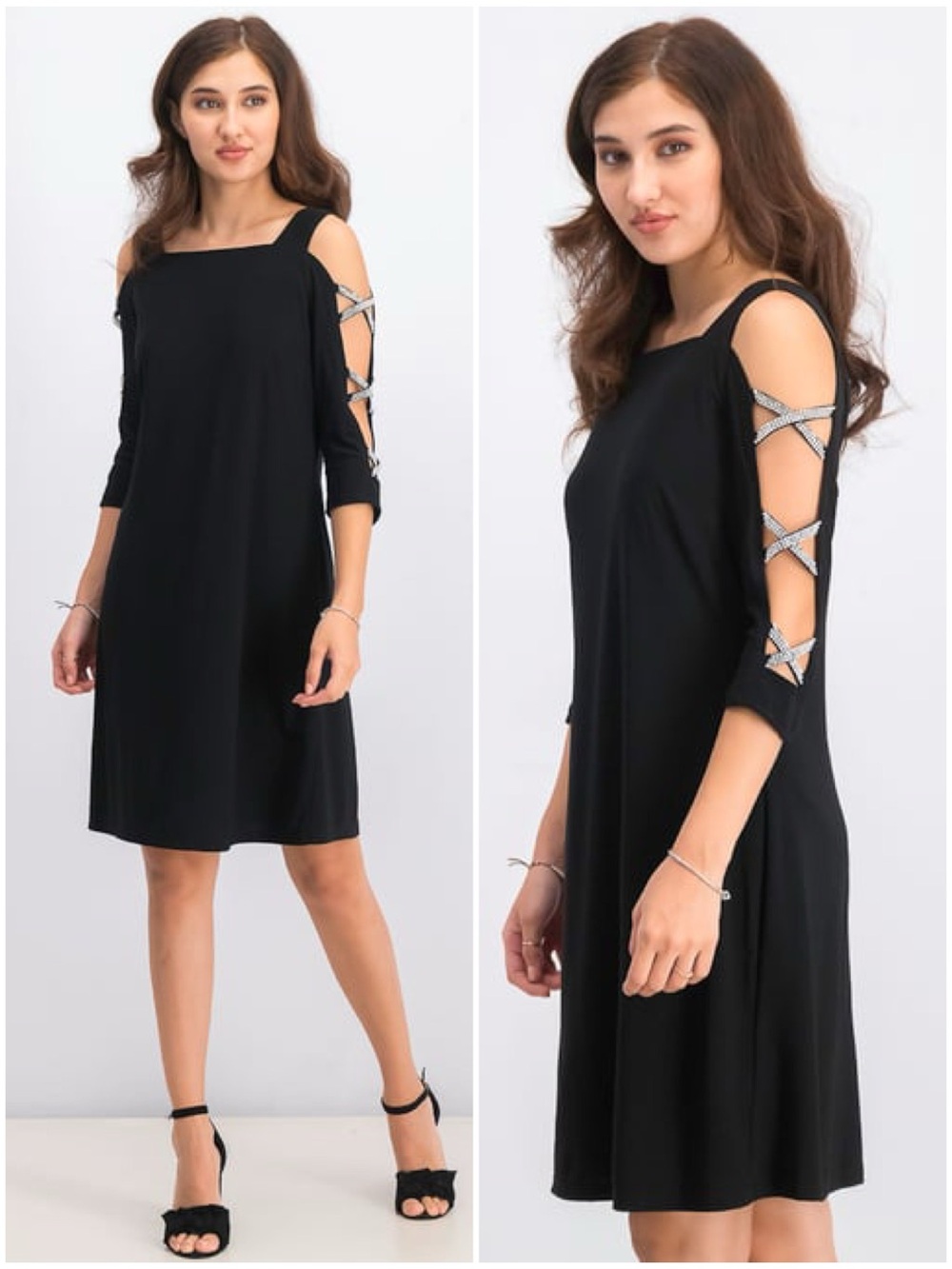 New JBS Petite Cold Shoulder Embellished Long Sleeve Black Cocktail Shift Dress